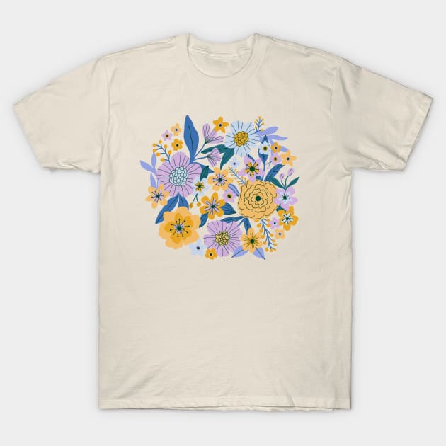 Vintage flower garden in lilac, yellow and green T-Shirt by Natalisa